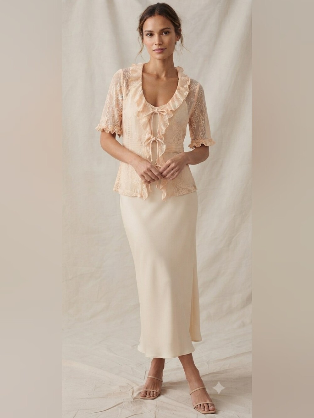 À La Une Pastel Pink Lace Ruffle Tie Front Coquette Cardigan Top Medium - Picture 11 of 15